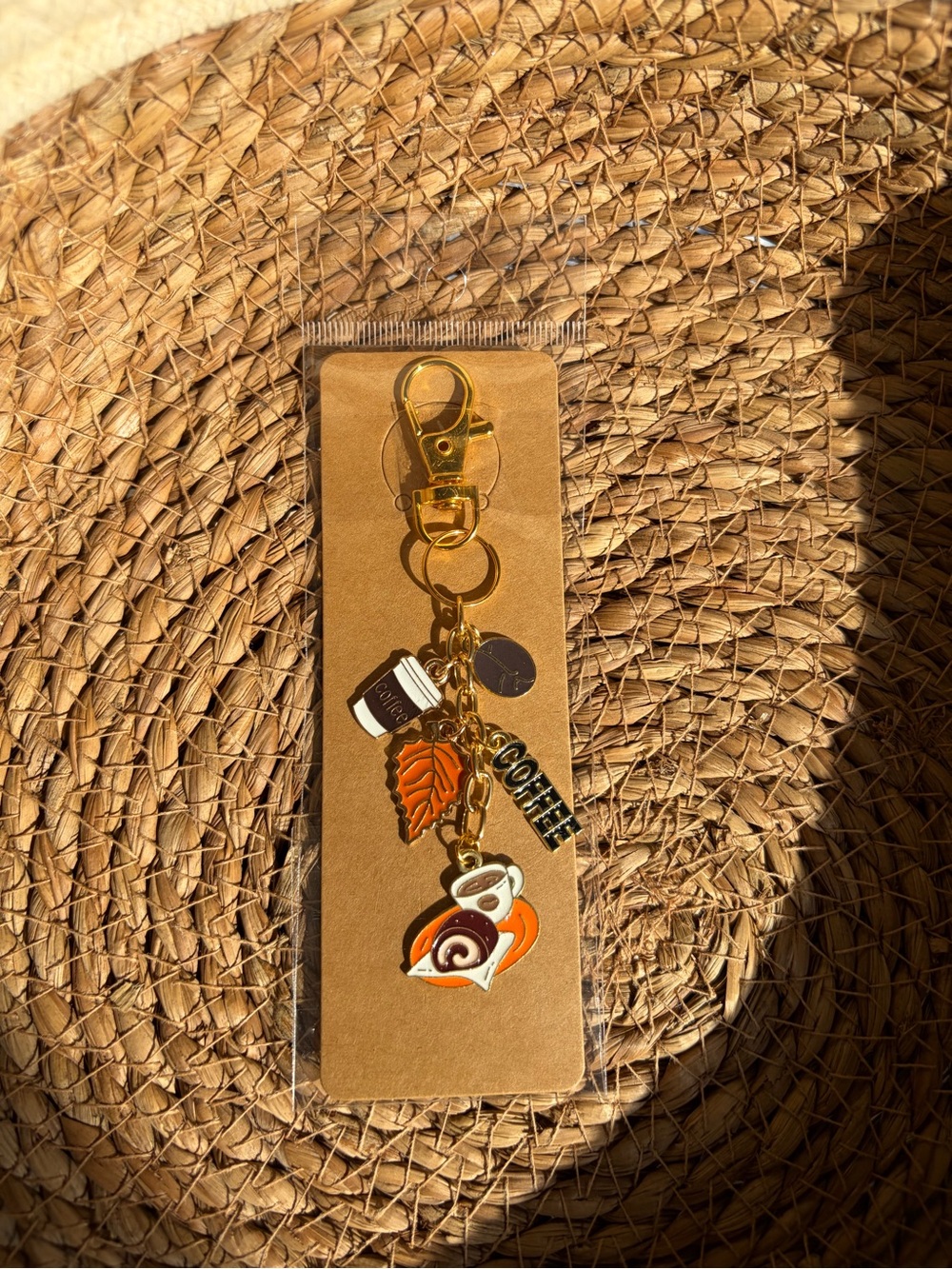Gold Tone Coffee Charm Keychain with Orange Accents